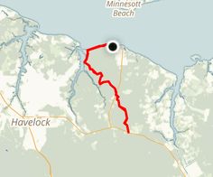 a map showing the route to havelock, which is located in the far distance