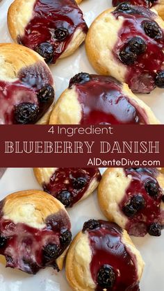 blueberry danish pastries on a white plate with the words, 4 ingredient blueberry danish