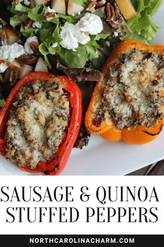 sausage and quinoa stuffed peppers on a white plate