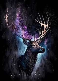 a painting of a deer's head with stars and galaxy in the back ground