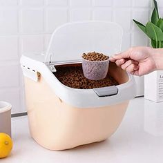 a person holding a bowl with food in it on top of a counter next to some lemons