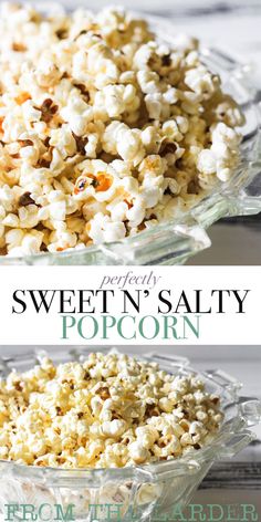 two bowls filled with popcorn sitting on top of a table