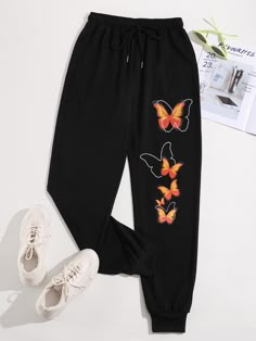 Black  Collar  Polyester Butterfly  Embellished Medium Stretch All Women Bottoms Sweatpants Shein, Butterfly Clothes, Cute Sweats, Cute Sweatpants, Cinderella Dress, Street Outfits, Women Bottoms, Causual Outfits, Really Cute Outfits