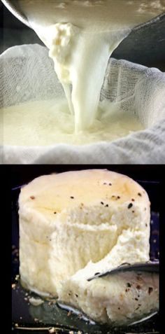 there are two pictures of cheese being made