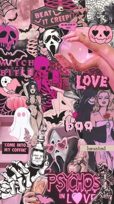 a collage of pink and black stickers with skulls, hearts, cats, bats