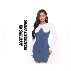 Fashion Nova “Keep It Denim Mini Dress”, New, Size Large, Measurements In Photos, Note: This Dress Was Dropped In The Store Parking Lot Which Caused The Right Sleeve To Get A Little Dirty. (Shown In The Last Photo) Dresses Fashion Nova, Denim Mini Dress, Fashion Nova Dresses, Parking Lot, Denim Mini, Fashion Nova, Blue White, Blue And White, Mini Dress