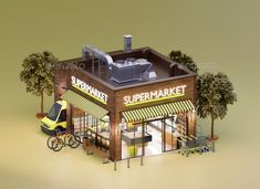 Supermarket or Grocery Building with Interior Grocery Store Sims 4 Cc, Bloxburg Grocery Store Ideas, Interior Supermarket, Bloxburg Towns, Bloxburg Cottage, Supermarket Trolley, Building Interior, Delivery Van, Grocery Supermarket