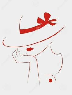 a woman wearing a hat with a red ribbon on the brim and her hand to her face