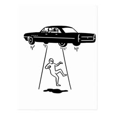 a black and white drawing of a car with a person falling from the sky in front of it