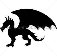 a black and white silhouette of a dragon with wings spread out, on a white background