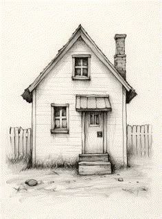 a drawing of a small house with a fence around it