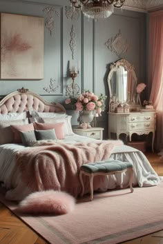 a bedroom decorated in pink and grey tones