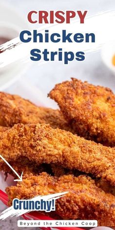 crispy chicken strips on a plate with dipping sauce