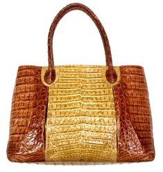 Kashani Two Tone All Over Alligator Handbagskin: Alligator style: handbag color: Cognac and Brown Alligator Purse, Black Globe, Alligator Handbags, Ostrich Legs, Luxurious Bags, Crystal Belt, Lace Up Combat Boots, Grey Baby, Leather Bag Women