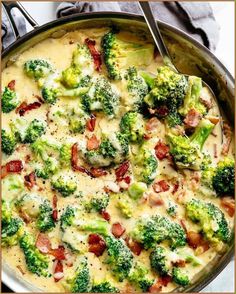 broccoli and bacon casserole in a pan with a spoon on the side