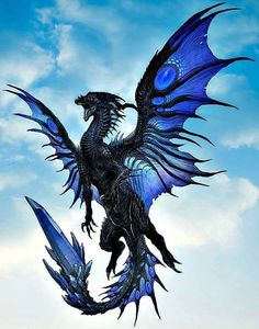 a blue and black dragon flying through the air