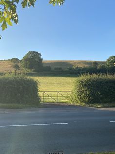 a bench sitting on the side of a road in front of a lush green field