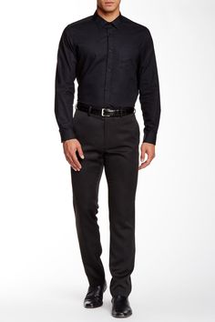 Slim fit dress pants deliver polished style.Fit: this style fits true to size. Approx. 11" rise, 32" inseam. Flat front. Zip fly with hook-and-bar closure. Front slant pockets . Back besom pockets with button closure. Slim leg. Approx. 10.5" rise, 32" inseam (size 32x32). Imported  This item cannot be shipped to Canada and Puerto Rico.  Orders cannot be shipped to Canada and Puerto Rico. Machine wash cold, tumble dry low 100% polyester Black Dress Shirt And Pants Men, Black Suit Pants Outfit Men, Mens Slacks Outfit Casual, Black Dress Pants Outfit Men, Semi Formal Mens Attire, All Black Wedding Guest Outfit Men, Homecoming For Guys, Hoco Boys Outfits, Formal Mens Fashion Classy