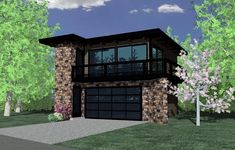 Stone and glass adorn the exterior of this Contemporary ADU with a 615 square foot garage and an equal amount of space dedicated to living. The second floor living quarters consist of a living room with kitchenette and a separate bedroom with full bathroom. This plan makes an ideal guest suite, in-law suite or rental income suite. Roof pitch is 1/2 on 12. Related Plan : This garage studio was designed to complement house plan 85021MS . House Plans Without Garage, Grey Garage, Porsche Garage, Contemporary Garage, Garage Apartment Plan, Plan Garage, Small Modern House Plans, Carriage House Plans, Garage Loft