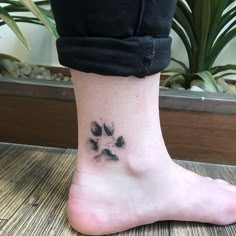 a small paw print on the foot of a person's leg, with a plant in the background