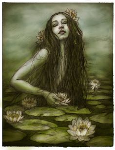 a painting of a woman with long hair sitting in water lilies and holding her hands to her chest