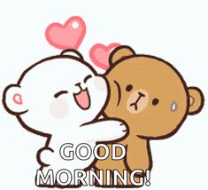 a cartoon bear hugging another bear with the words good morning