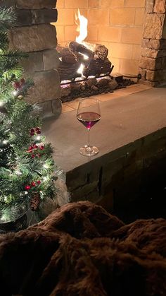 a glass of wine sitting in front of a fire place next to a christmas tree