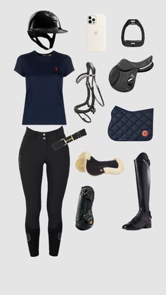 a woman's equestrian gear including riding boots, helmet and gloves