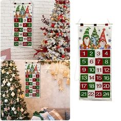 two christmas calendars hanging on the wall next to a christmas tree with decorations and presents