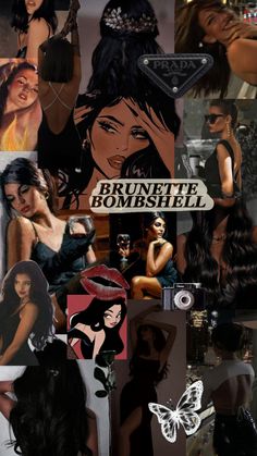 the collage shows many different images of women in black dresses and hair, with one woman