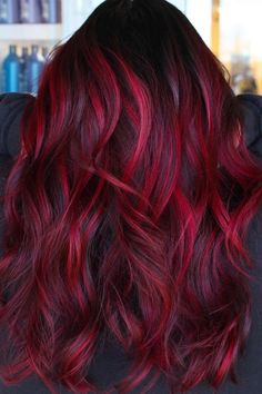 Different Ombre Hair Colors, Vibrant Red Hair Color Ombre, Brunette Red Blonde Balayage, Red Ombre Hair Color For Brunettes Balayage, Vibrant Red Balayage Hair, Dark Red Ombre Hair Balayage, Hair Dye Ideas For Redheads Natural Red, Bright Red Balayage Hair Brunettes, Flame Red Hair Color