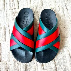 Gucci Iconic Vrv Web Design Rubber Front, Liner And Sole Giant Signature Embossed Details Cross Front Gucci Leather Shoes, Gucci Slides, Sandals Slippers, Rubber Shoes, Swag Shoes, Green Man, Gucci Shoes, Mens Slippers, Flip Flop Sandals