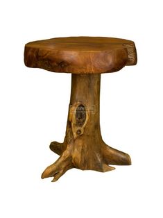 a small wooden table with a tree stump on it's base and a hole in the center