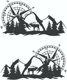 two black and white silhouettes of animals in the woods with compasses on them