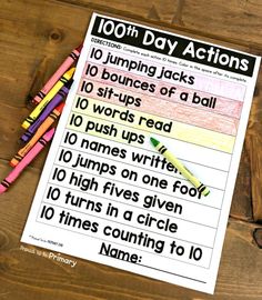 a printable 100 day action worksheet with crayons and pencils