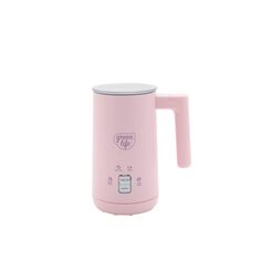 a pink coffee pot with a handle on the side and a cup in front of it