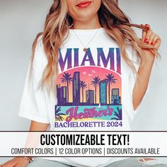 "Celebrate you Beach Bachelorette in style with this Miami Bachelorette shirt from Triangle Threads. Featuring a custom retro Miami design on a premium Comfort Colors Tee, this shirt is perfect for your special girls getaway! Customize your name, your event, your date, whatever you'd like and we'll make it happen. Additional discounts are available for purchases of 10, 15, or 20 shirts (see listing photos for coupons codes)! Get your shirts today and remember your Miami Beach Bash in a truly unique way! PLEASE NOTE This is a standard unisex size Comfort Colors Tee. For an oversized tee, please size up. If you are looking for an oversized \"T-shirt Dress\" look, we recommend sizing up 2 sizes. Please review the size chart to ensure you receive the fit you want.---Unisex Crew Neck----- *Prod Retro Miami Bachelorette, Summer Graphic Print Shirt For Bachelorette Party, Miami Bachelorette Shirts, Tropical Bachelorette Party Shirts, Bachelorette Miami, Cotton Graphic Print T-shirt For Bachelorette Party, Bride Tribe Shirt, Miami Bachelorette Party, Miami Party