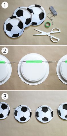 instructions to make paper plates with soccer balls on them and tape around the edges for decoration