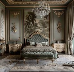 a bedroom with a bed, chandelier and paintings on the walls