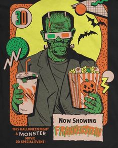 an old movie poster with a zombie holding popcorn and soda in front of the screen