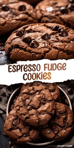 chocolate cookies are stacked on top of each other with the words espresso fudge cookies above them