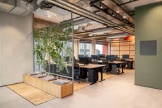 an office with plants growing on the wall and desks set up in front of it