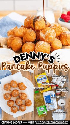 an advertisement for deny's pancake puppies on a table with other items