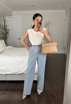 August Business Casual Outfits, Blue Professional Outfits Women, Summer Business Casual Outfits Colorful, Lawyer Outfit Summer, Cream And Blue Outfits, Powder Blue Pants Outfit, Summer Business Professional Outfits, Work Outfits Dress, First Job Outfits