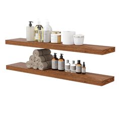 two wooden shelves with towels, soaps and lotion bottles on them in front of a white background