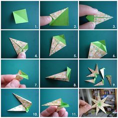 the steps to make an origami christmas tree with green paper and white stars