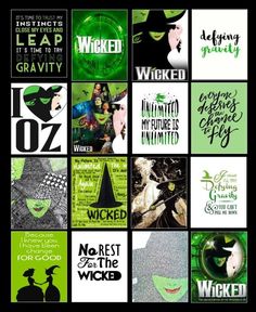 many different posters with green and black colors