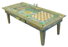 Cool colored jungle vs ocean game table with 3 fun games to play with loved ones Painted Game Table, Hand Painted Coffee Table, Painted Coffee Table, Coffee Table Games, Cribbage Pegs, Fun Games To Play, Painted Furniture For Sale, Sticks Furniture, Art Pole