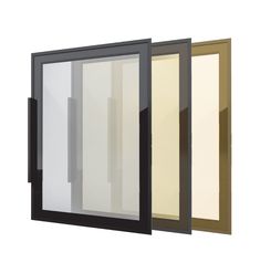 three different colored glass doors on a white wall