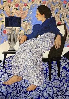 a painting of a woman sitting in a chair next to a table with a lamp on it